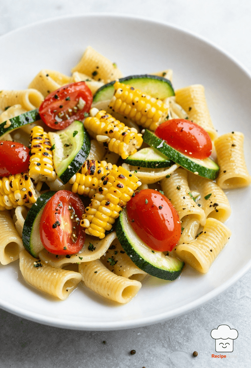 Summer Cavatelli Pasta with Grilled Corn, Burst Tomatoes, and Zucchini Ribbons