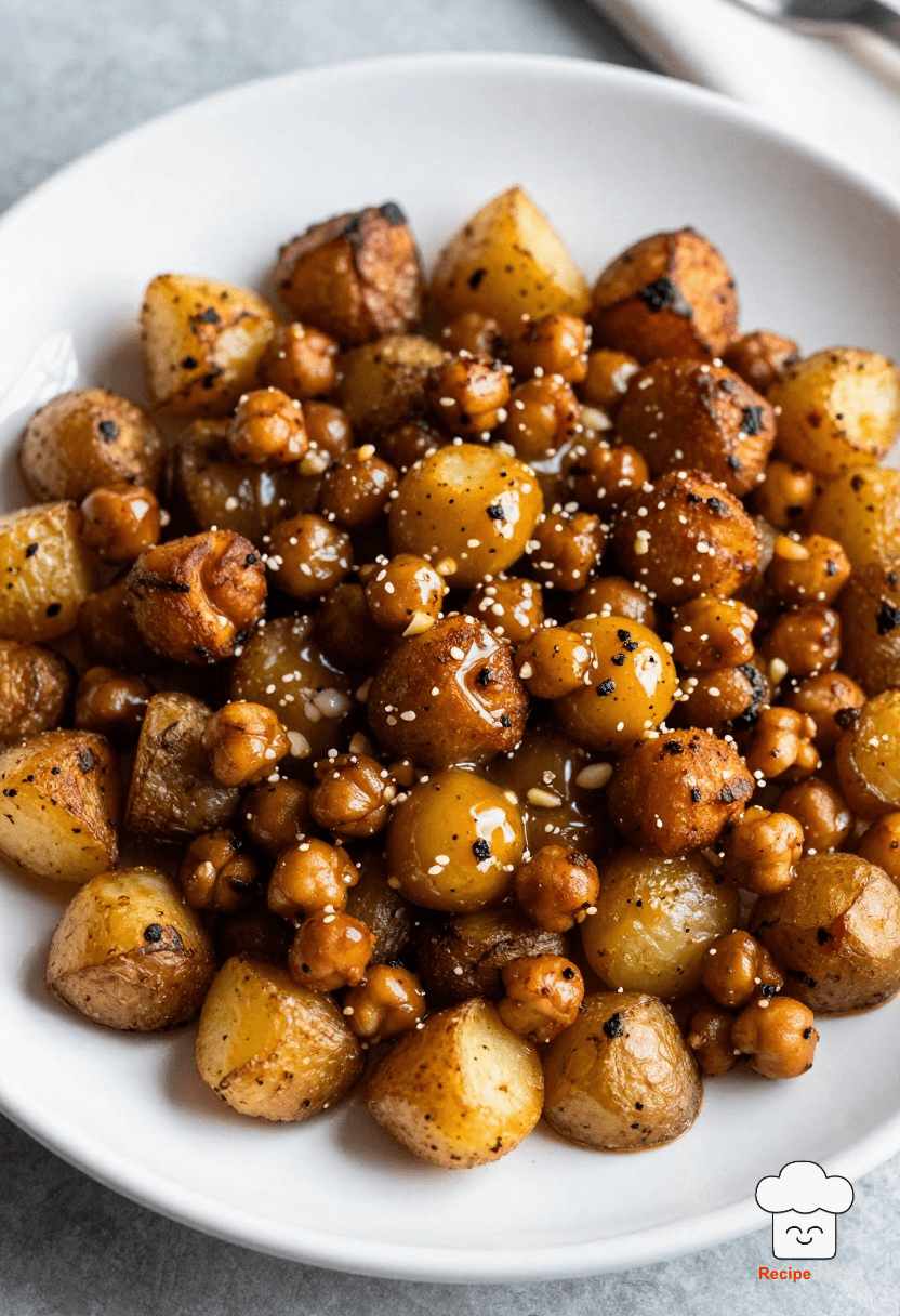 Crispy Garlic Butter Chickpeas with Roasted Potatoes