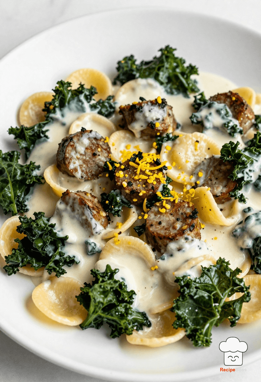 Sausage and Kale Orecchiette with a Creamy Garlic Parmesan Sauce